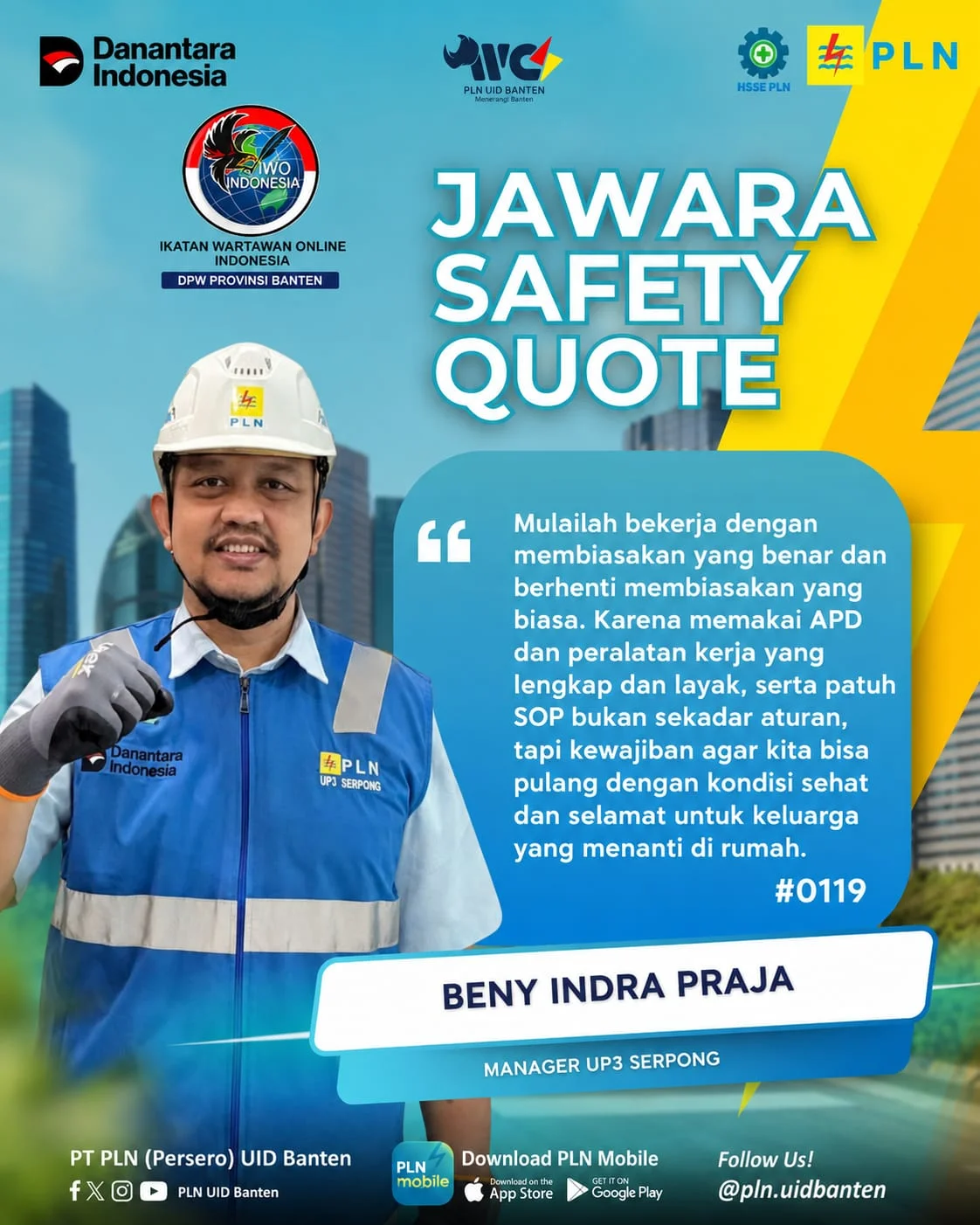 “Manager UP3 Serpong Beny Indra Praja dalam kampanye Jawara Safety Quote PLN UID Banten”