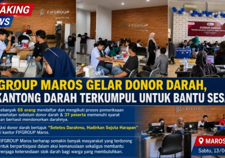 Peserta mengikuti aksi donor darah bertajuk "Setetes Darahmu, Hadirkan Sejuta Harapan" yang diselenggarakan FIFGROUP Maros. Sebanyak 37 kantong darah berhasil terkumpul dari 65 peserta yang mengikuti pemeriksaan kesehatan.