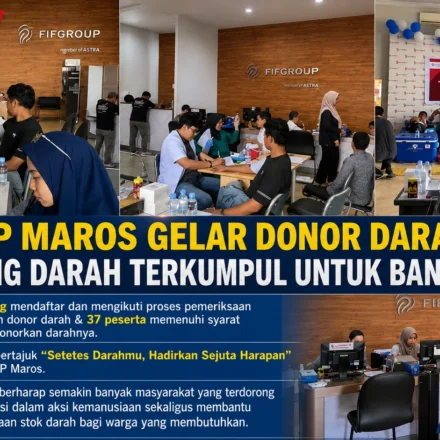 Peserta mengikuti aksi donor darah bertajuk "Setetes Darahmu, Hadirkan Sejuta Harapan" yang diselenggarakan FIFGROUP Maros. Sebanyak 37 kantong darah berhasil terkumpul dari 65 peserta yang mengikuti pemeriksaan kesehatan.