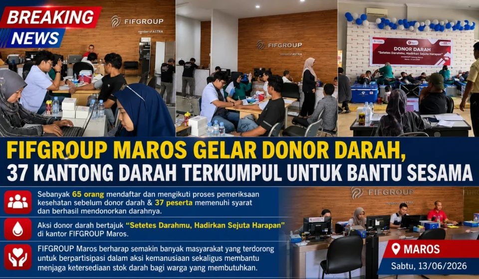 Peserta mengikuti aksi donor darah bertajuk "Setetes Darahmu, Hadirkan Sejuta Harapan" yang diselenggarakan FIFGROUP Maros. Sebanyak 37 kantong darah berhasil terkumpul dari 65 peserta yang mengikuti pemeriksaan kesehatan.