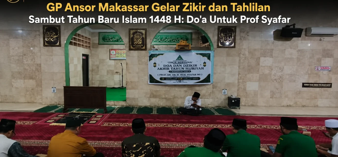 Kader GP Ansor Makassar mengikuti zikir bersama dan tahlilan dalam rangka Tahun Baru Islam 1448 Hijriah di Masjid H.M. Asyik.
