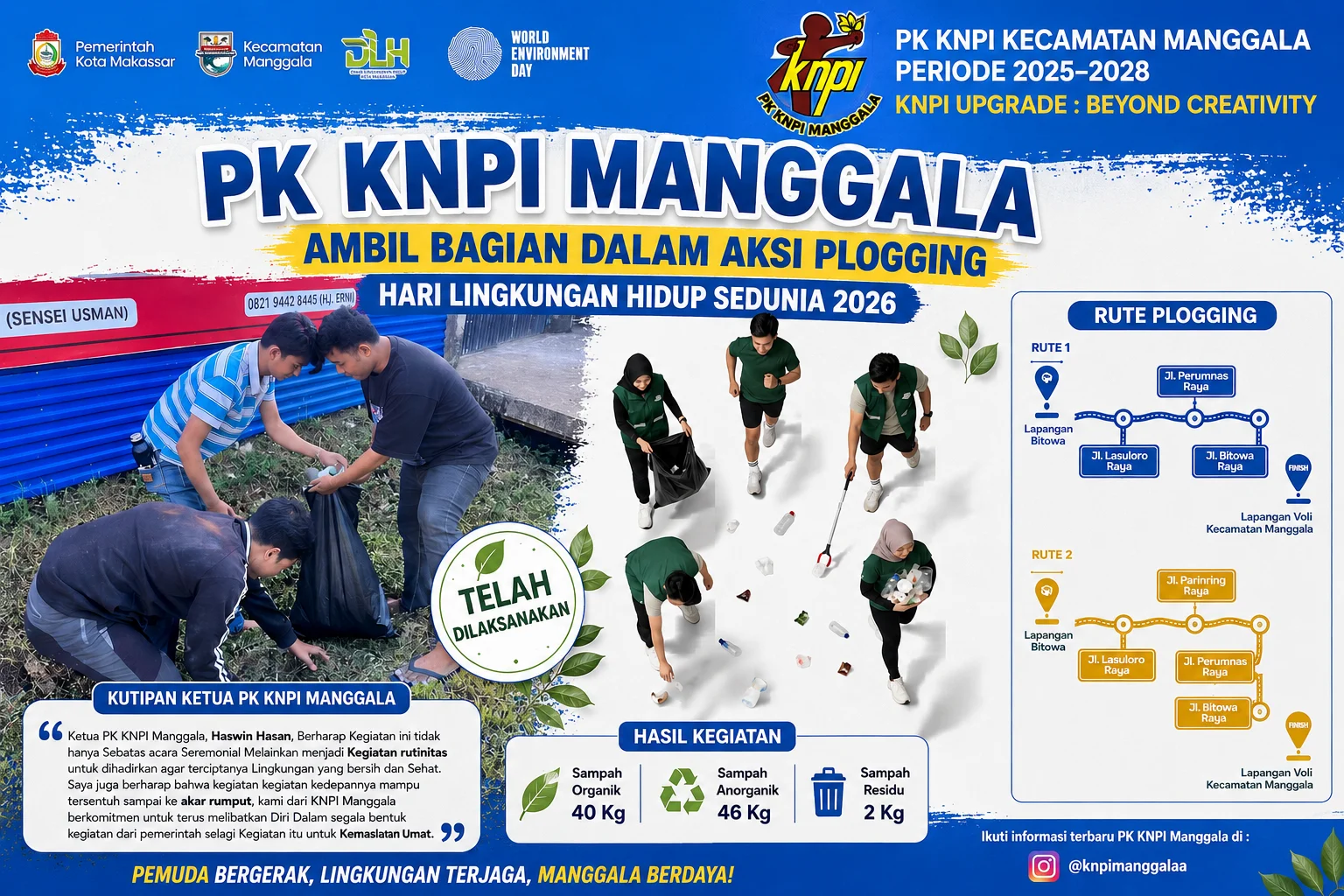 Ketua dan pengurus PK KNPI Manggala mengikuti aksi plogging Hari Lingkungan Hidup Sedunia 2026 di Kecamatan Manggala.
