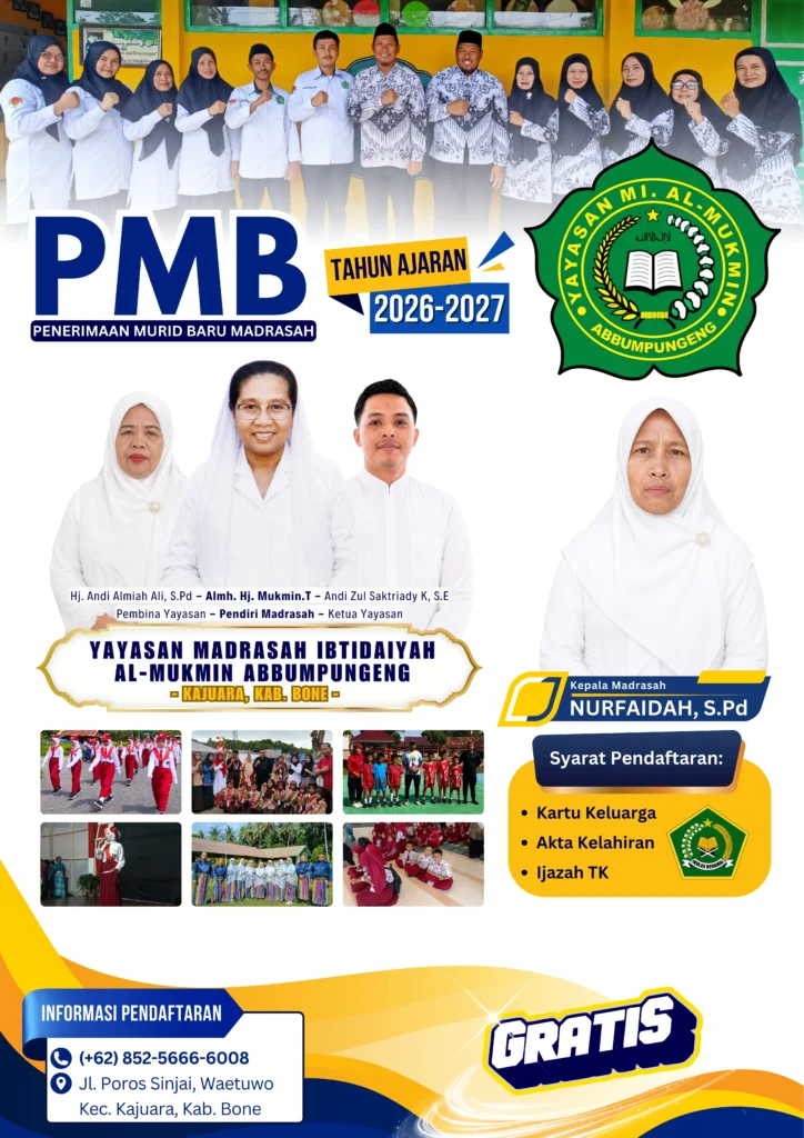 Pamflet Penerimaan Murid Baru MI Al-Mukmin Abbumpungeng Tahun Ajaran 2026-2027. Title: PMB MI Al-Mukmin Abbumpungeng 2026/2027