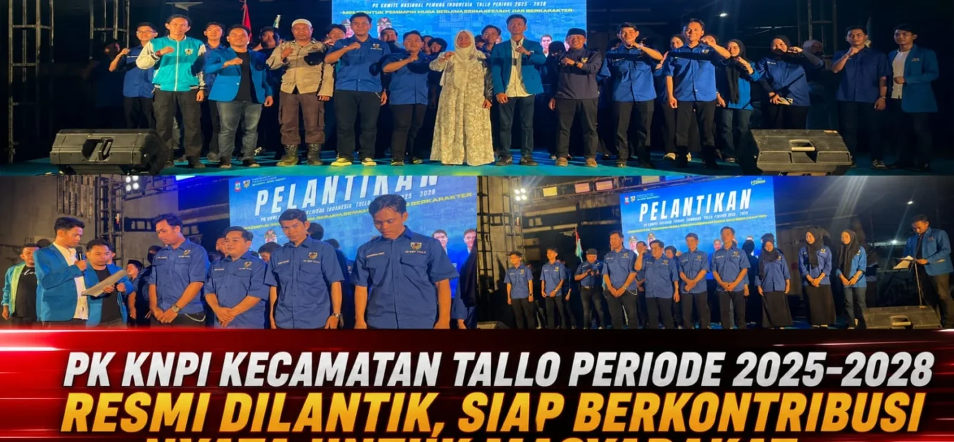 Pengurus PK KNPI Kecamatan Tallo Periode 2025–2028 mengikuti prosesi pelantikan di atas panggung dengan latar layar LED bertuliskan "Pelantikan", disaksikan sejumlah tokoh dan tamu undangan di Kota Makassar.