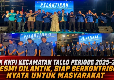 Pengurus PK KNPI Kecamatan Tallo Periode 2025–2028 mengikuti prosesi pelantikan di atas panggung dengan latar layar LED bertuliskan "Pelantikan", disaksikan sejumlah tokoh dan tamu undangan di Kota Makassar.