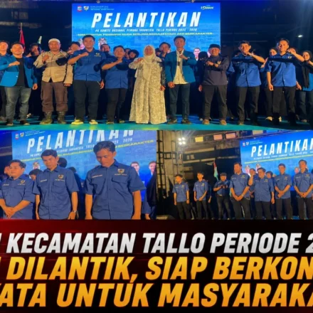 Pengurus PK KNPI Kecamatan Tallo Periode 2025–2028 mengikuti prosesi pelantikan di atas panggung dengan latar layar LED bertuliskan "Pelantikan", disaksikan sejumlah tokoh dan tamu undangan di Kota Makassar.
