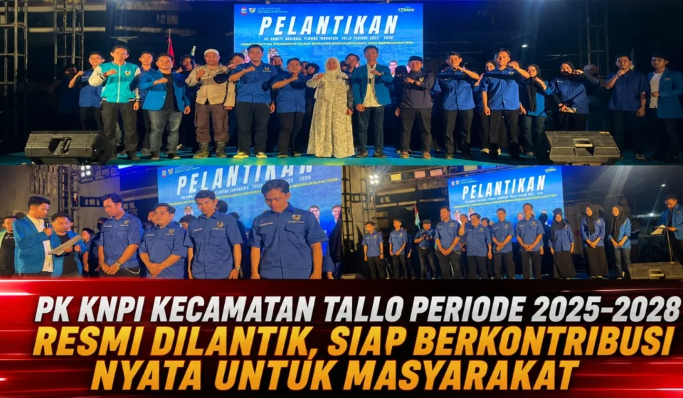 Pengurus PK KNPI Kecamatan Tallo Periode 2025–2028 mengikuti prosesi pelantikan di atas panggung dengan latar layar LED bertuliskan "Pelantikan", disaksikan sejumlah tokoh dan tamu undangan di Kota Makassar.